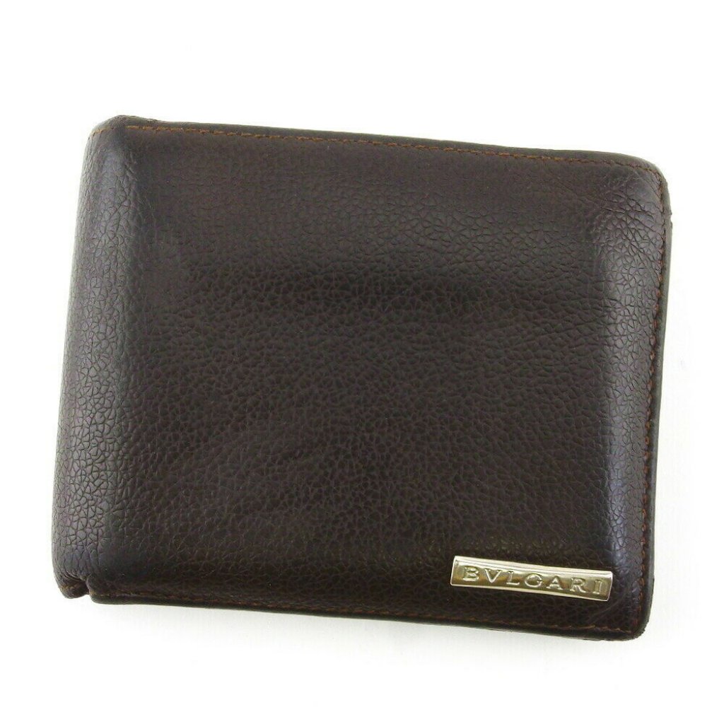 Bvlgari Two-Folded Wallet Logo Plate Leather Auth Used T20194